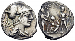 Ti. Veturius, 137 BC. Denarius (Silver, 20 mm, 3.94 g, 1 h), Rome. TI (VET) Helmeted and draped bust of Mars to right; behind, X. Rev. ROMA Oath-takin...
