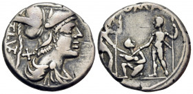 Ti. Veturius, 137 BC. Denarius (Silver, 18 mm, 3.97 g, 3 h), Rome. TI (VET) Helmeted and draped bust of Mars to right; behind, X. Rev. ROMA Oath-takin...
