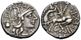 Sex. Pompeius Fostlus, 137 BC. Denarius (Silver, 19 mm, 3.85 g, 9 h), Rome. Helmeted head of Roma to right; behind, jug; below chin, X. Rev. SEX · PO ...