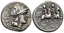 Cn. Lucretius Trio, 136 BC. Denarius (Silver, 19 mm, 3.84 g, 7 h), Rome. TRIO Helmeted head of Roma to right; below chin, X. Rev. CN LVCR / ROMA The D...