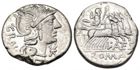 L. Antestius Gragulus, 136 BC. Denarius (Silver, 19 mm, 3.69 g, 3 h), Rome. GRAG Helmeted head of Roma to right; denomination mark below chin. Rev. L ...