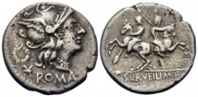 C. Servilius M.f, 136 BC. Denarius (Silver, 19 mm, 3.79 g, 6 h), Rome. ROMA Helmeted head of Roma to right; behind, wreath; below to left, denominatio...