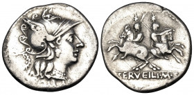 C. Servilius M.f, 136 BC. Denarius (Silver, 20 mm, 3.88 g, 5 h), Rome. ROMA Helmeted head of Roma to right; behind, wreath. Rev. C · SERVEILI · M · F ...
