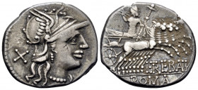 L. Trebanius, 135 BC. Denarius (Silver, 20 mm, 3.96 g, 12 h), Rome. Helmeted head of Roma to right; behind, X (denomination mark). Rev. L · (TR)EB(AN)...