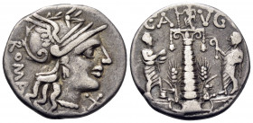 C. Augurinus, 135 BC. Denarius (Silver, 18.5 mm, 3.85 g, 10 h), Rome. ROMA Helmeted head of Roma to right; X below chin. Rev. C · A-VG Ionic column su...