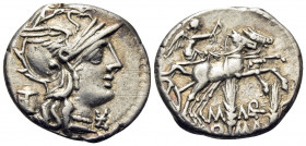 M. Marcius Mn.f, 134 BC. Denarius (Silver, 19 mm, 3.89 g, 5 h), Rome. Helmeted head of Roma to right, wearing earring and pearl necklace; behind, modi...