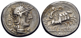 L. Opimius, 131 BC. Denarius (Silver, 18 mm, 3.96 g, 1 h), Rome. Helmeted head of Roma to right; wreath behind, mark of value below chin. Rev. L · OPE...