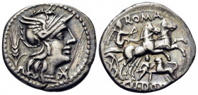 Cn. Domitius Ahenobarbus, 128 BC. Denarius (Silver, 19 mm, 3.74 g, 7 h), Rome. Helmeted head of Roma right; stalk of grain to left, denomination mark ...