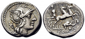 L. Caecilius Metellus Diadematus, 128 BC. Denarius (Silver, 18.5 mm, 3.81 g, 5 h), Rome. Helmeted head of Roma right; denomination mark behind. Rev. R...