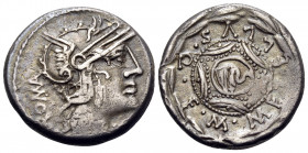 M. Caecilius Q.f. Q.n. Metellus, 127 BC. Denarius (Silver, 17 mm, 3.81 g, 2 h), Rome. ROMA Head of Roma to right, wearing winged helmet; denomination ...