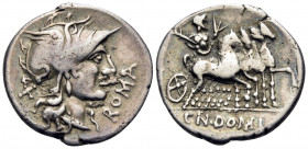 Cn. Domitius Ahenobarbus, 116-115 BC. Denarius (Silver, 20 mm, 3.85 g, 12 h), Rome. ROMA Helmeted head of Roma to right; behind, denomination mark. Re...