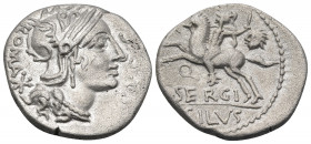 M. Sergius Silus, 116-115 BC. Denarius (Silver, 18.5 mm, 3.77 g, 4 h), Rome. EX · S · C / ROMA Helmeted head of Roma to right; behind, denomination ma...