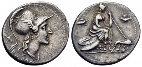 Anonymous, 115 or 114 BC. Denarius (Silver, 21 mm, 3.76 g, 9 h), Rome. ROMA Helmeted head of Roma to right; behind, X. Rev. Roma seated to right on pi...