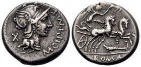 M. Cipius M.f, 115-114 BC. Denarius (Silver, 16 mm, 3.79 g, 6 h), Rome. M · CIPI · M · F Helmeted head of Roma to right; behind, X. Rev. ROMA Victory ...