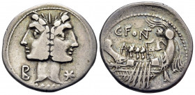 C. Fonteius, 114-113 BC. Denarius (Silver, 20 mm, 3.80 g, 11 h), Rome. Laureate, janiform head of the Dioscuri; to left, M; to right, denomination mar...