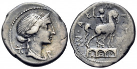 Man. Aemilius Lepidus, 114-113 BC. Denarius (Silver, 19.5 mm, 3.78 g, 6 h), Rome. RO(MA) Diademed and draped bust of Roma right; denomination mark beh...