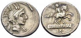 L. Philippus, 113-112 BC. Denarius (Silver, 19.5 mm, 3.88 g, 5 h), Rome. Male head to right, wearing diademed helmet with goat's horns; below chin, Φ;...