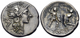 T. Didius, 113-112 BC. Denarius (Silver, 19 mm, 3.68 g, 4 h), Rome. Helmeted head of Roma to right; monogram of ROMA behind, denomination mark below. ...