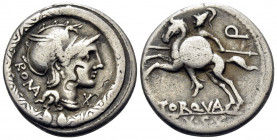 L. Torquatus, 113-112 BC. Denarius (Silver, 18 mm, 3.88 g, 6 h), Rome. RO(MA) Helmeted head of Roma to right; below chin, X; all within decorated torq...