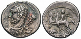 Ti. Quinctius, 112-111 BC. Denarius (Silver, 19 mm, 3.93 g, 9 h), Rome. Laureate bust of Hercules to left, seen from behind, wearing lion’s skin and h...