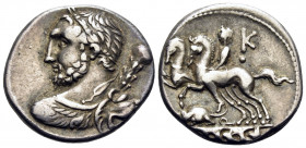 Ti. Quinctius, 112-111 BC. Denarius (Silver, 18 mm, 3.94 g, 6 h), Rome. Laureate bust of Hercules to left, seen from behind, wearing lion’s skin and h...