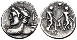 Lucius Caesius, 112-111 BC. Denarius (Silver, 21 mm, 3.75 g, 11 h), Rome. Bust of Apollo seen from behind to left, wearing a taenia and with a cloak o...