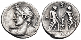 Lucius Caesius, 112-111 BC. Denarius (Silver, 20 mm, 3.75 g, 1 h), Rome. Bust of Apollo seen from behind to left, wearing a taenia and with a cloak ov...