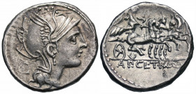 Appius Claudius Pulcher, T. Manlius Mancius and Q. Urbinius, 111-110 BC. Denarius (Silver, 17 mm, 3.95 g, 3 h), Rome. Helmeted head of Roma right; beh...