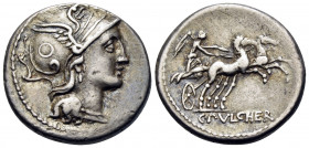 C. Claudius Pulcher, 110-109 BC. Denarius (Silver, 18 mm, 3.91 g, 5 h), Rome. Helmeted head of Roma to right. Rev. C · PVLCHER Victory, holding reins ...