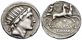 Mn. Aquillius Mn.f. Mn.n, 65 BC. Denarius (Silver, 19 mm, 3.96 g, 9 h), Rome. Radiate head of Sol to right; X below chin. Rev. (MN) · AQVIL / ROMA Lun...