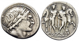 L. Memmius, 109-108 BC. Denarius (Silver, 20 mm, 3.80 g, 8 h), Rome. Male head to right, wearing oak wreath; below chin, denomination mark. Rev. L · M...