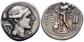 L. Valerius Flaccus, 108-107 BC. Denarius (Silver, 19 mm, 3.92 g, 4 h), Rome. Draped bust of Victory to right; below chin, denomination mark. Rev. L ·...
