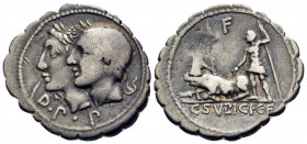 C. Sulpicius C.f. Galba, 106 BC. Denarius Serratus (Silver, 20 mm, 3.67 g, 12 h), Rome. D · P · P Jugate and laureate heads of the Dei Penates to left...