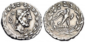 Lucius Aurelius Cotta, 105 BC. Denarius Serratus (Silver, 19.5 mm, 3.93 g, 8 h), Rome. Draped bust of Vulcan to right, wearing laureate pileus; behind...