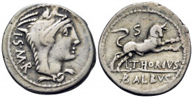 L. Thorius Balbus, 105 BC. Denarius (Silver, 21 mm, 3.83 g, 8 h), Rome. I · S · M · R Head of Juno Sospita to right, wearing goat's skin headdress. Re...