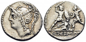 Q. Thermus M.f, 103 BC. Denarius (Silver, 18 mm, 3.89 g, 12 h), Rome. Head of Mars to left, wearing crested helmet ornamented with plume and annulet. ...