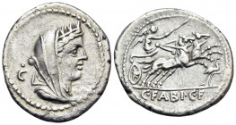 C. Fabius C.f. Hadrianus, 102 BC. Denarius (Silver, 22 mm, 3.83 g, 2 h), Rome. Veiled and turreted head of Cybele right; behind, ·/C. Rev. C · FABI · ...