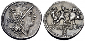 M. Servilius C.f, 100 BC. Denarius (Silver, 21 mm, 3.84 g, 10 h), Rome. Helmeted head of Roma to right; P to left. Rev. M · SERVEILI C · F Two warrior...