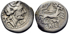 C. Allius Bala, 92 BC. Denarius (Silver, 16.5 mm, 3.78 g, 3 h), Rome. BALA Diademed female head (Diana?) to right; C below chin. Rev. C · ALLI Diana d...