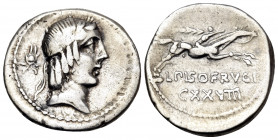 L. Calpurnius Piso Frugi, 90 BC. Denarius (Silver, 19 mm, 3.78 g, 3 h), Rome. Laureate head of Apollo to right; behind, headdress of Isis. Rev. L PISO...