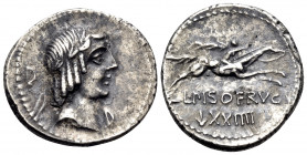 L. Calpurnius Piso Frugi, 90 BC. Denarius (Silver, 19 mm, 3.81 g, 3 h), Rome. Laureate head of Apollo to right; behind, D; below chin, D. Rev. L PISO ...