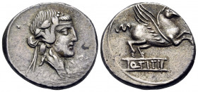 Q. Titius, 90 BC. Denarius (Silver, 17.5 mm, 4.27 g, 10 h), Rome. Head of young Bacchus (or Liber) to right, wearing ivy wreath. Rev. Q · TITI Pegasus...