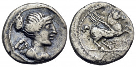Q. Titius, 90 BC. Quinarius (Silver, 14 mm, 1.89 g, 5 h), Rome. Draped and winged bust of Victory to right. Rev. Q · TITI Pegasus leaping right. Babel...