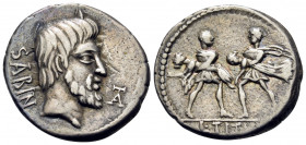 L. Titurius L.f. Sabinus, 89 BC. Denarius (Silver, 18 mm, 3.80 g, 5 h), Rome. SABIN Bare head of King Tatius to right; TA monogram to right. Rev. L · ...