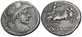 Cn. Lentulus Clodianus, 88 BC. Denarius (Silver, 18 mm, 3.79 g, 6 h), Rome. Helmeted bust of Mars to right, seen from behind, wearing balteus over rig...