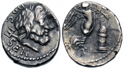L. Rubrius Dossenus, 87 BC. Quinarius (Silver, 13 mm, 1.78 g, 1 h), Rome. DOS-SEN Laureate head of Neptune to right, with trident behind his neck. Rev...