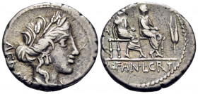 M. Fannius and L. Critonius, 86 BC. Denarius (Silver, 18.5 mm, 4.22 g, 6 h), Rome. AED · PL Wreathed and draped bust of Ceres to right. Rev. M · FAN ·...