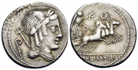L. Julius Bursio, 85 BC. Denarius (Silver, 20 mm, 3.99 g, 12 h), Rome. Laureate, winged and draped bust of Apollo Vejovis to right, trident at shoulde...