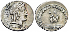 Mn. Fonteius C.f, 85 BC. Denarius (Silver, 19.5 mm, 3.96 g, 6 h), Rome. (MN) FO(NT)EI C · F Laureate head of Vejovis to right; below, thunderbolt; bel...