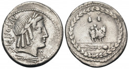 Mn. Fonteius C.f, 85 BC. Denarius (Silver, 21 mm, 3.90 g, 6 h), Rome. (MN) FO(NT)EI C · F Laureate head of Vejovis to right; below, thunderbolt. Rev. ...